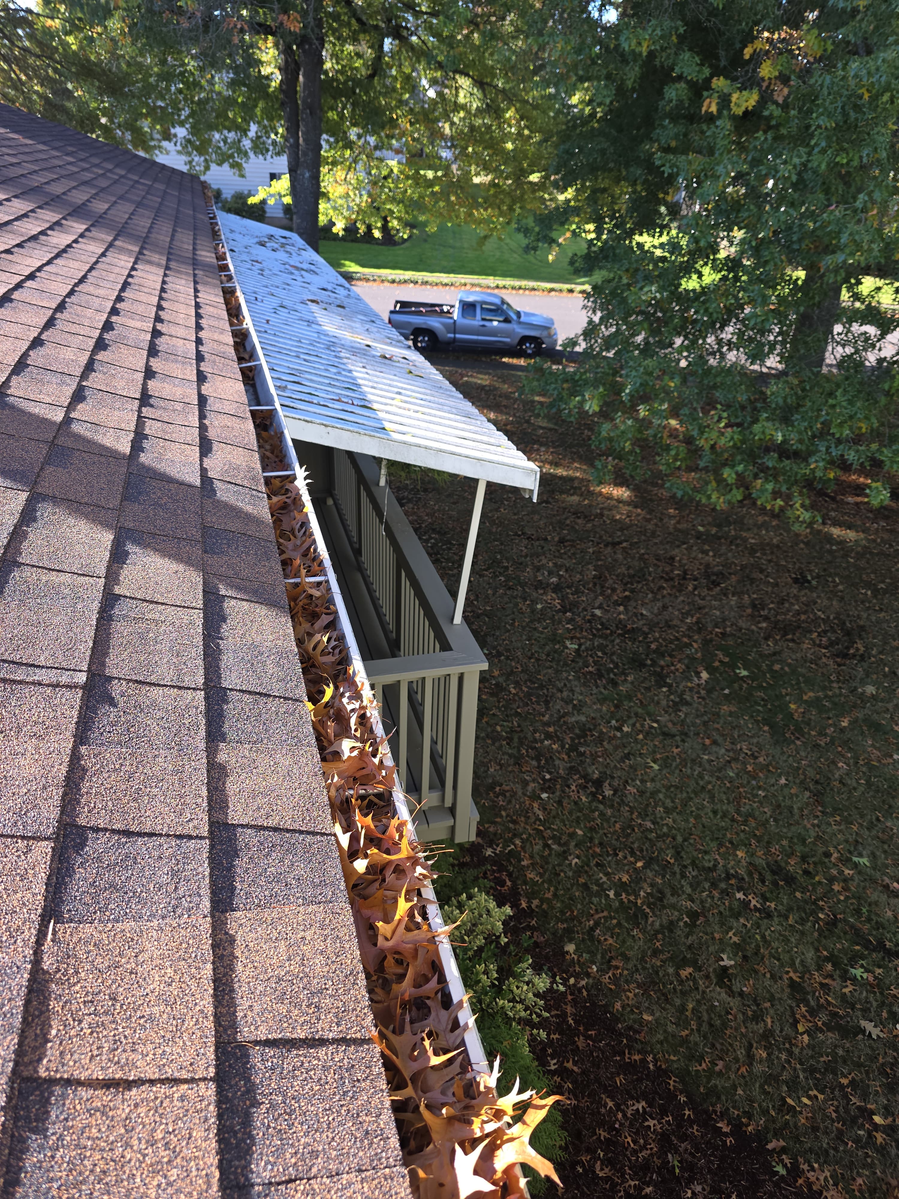 Before: Clogged gutters and mossy roof